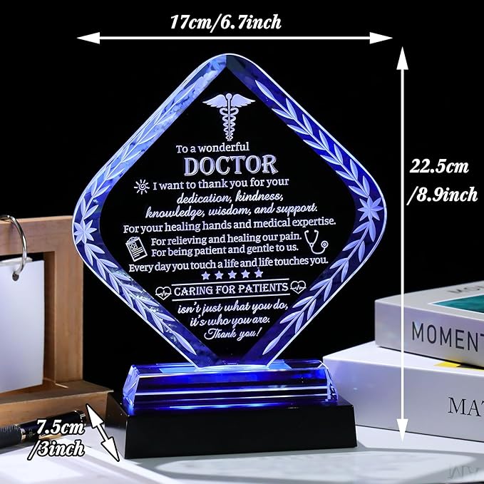 Movdyka Thank You Doctor Gifts for Women Men Crystal Keepsakes with Colorful Light Base Doctor Appreciation Gifts for Famale Male Best Doctors Day Retirement Birthday Plaque Decor