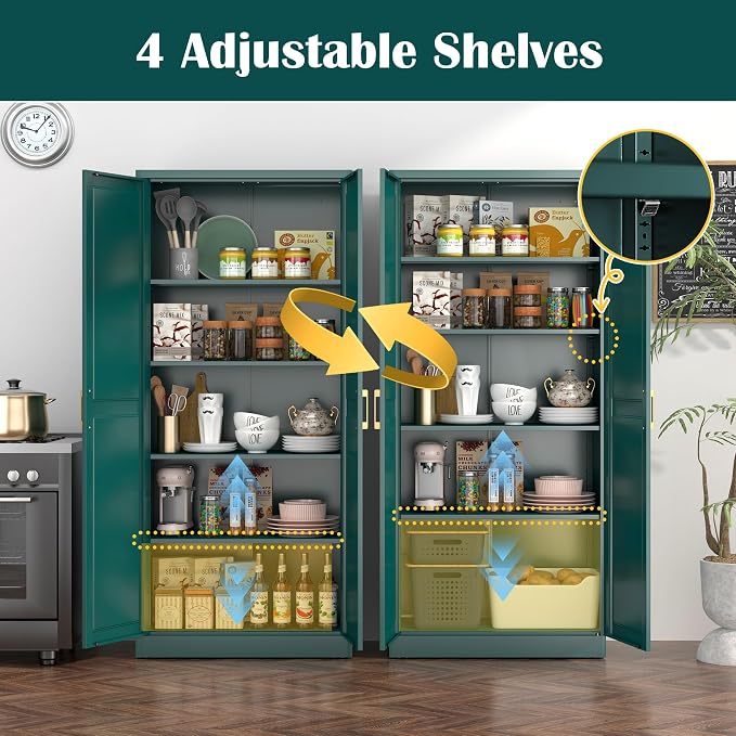 Steeloong 71"Metal Pantry Storage Cabinet with Doors & 4 Adjustable Shelves | Kitchen Pantry Cabinet,Green Kitchen Cabinet with 2 Gold Handles,Tall Cabinet for Livingroom,Pantry, Bathroom,Kitchen