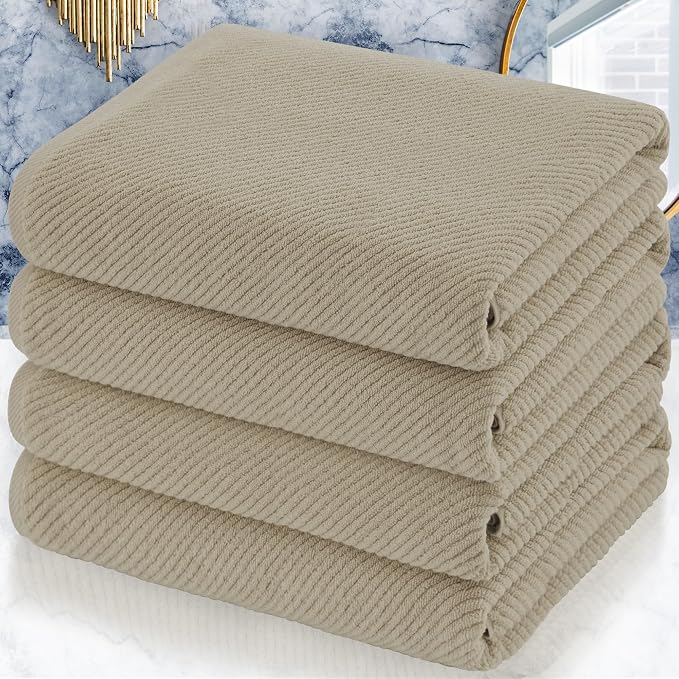 VOOVA & MOVAS Bath Towels 4PC, 100% Cotton, 30x56 in, Dark Beige | Quick Dry, Thick, Soft, Absorbent, Bathroom Essentials, Ideal For Shower, Spa, Household Daily Use