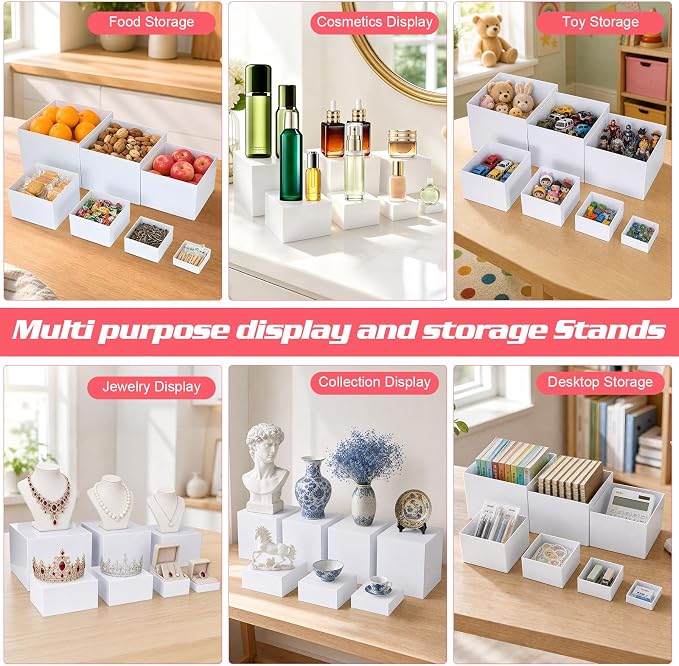 [7 Pcs] White Buffet Risers Food Risers - Dessert Table Display Set and Food Cake Stands with Table Sign and Maker,Serving Tongs,Cake Cutter for Wedding Birthday Party Decoration(Size 9" 8" 7" 6" 5" 4" 3")