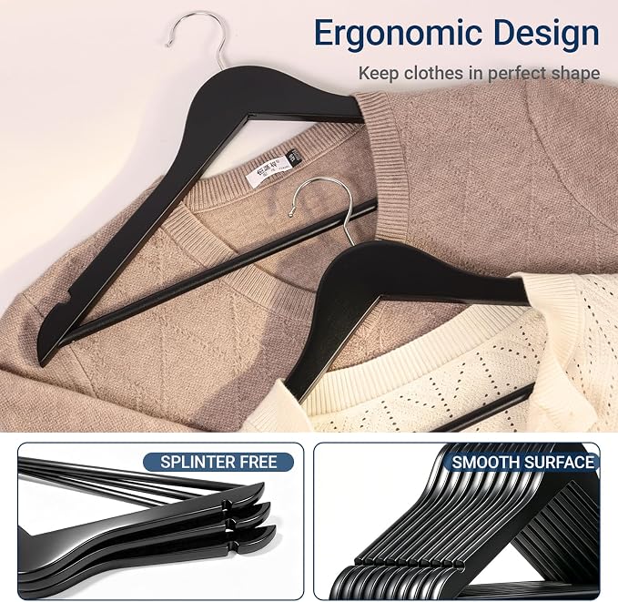 Amber Home 30 Pack Wooden Coat Hangers, Black Wood Suit Hangers with Non-Slip Pant Bar, Clothes Hangers for Closet Organization, Shirts, Jackets, Dresses, and Pants (Black, 30)