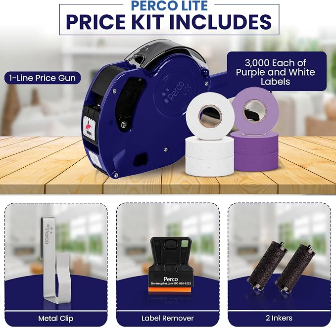 Perco Lite 1 Line Price Gun Kit for Retail Business – Includes 2 White Rolls, 4 Purple Rolls, Gun Clip & Ink Rollers – Pre-Loaded Pricing Gun w Labels & Ink