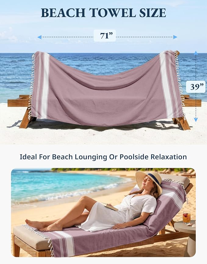 LANE LINEN Turkish Beach Towels, Super Absorbent, Quick Dry - Wistful Mauve | 2 Pack Extra Large Beach Towel - Pre-Washed for Soft Feel - Oversized Sand Free Quick-Dry Pool Towel - 39"x71", Everyday Use