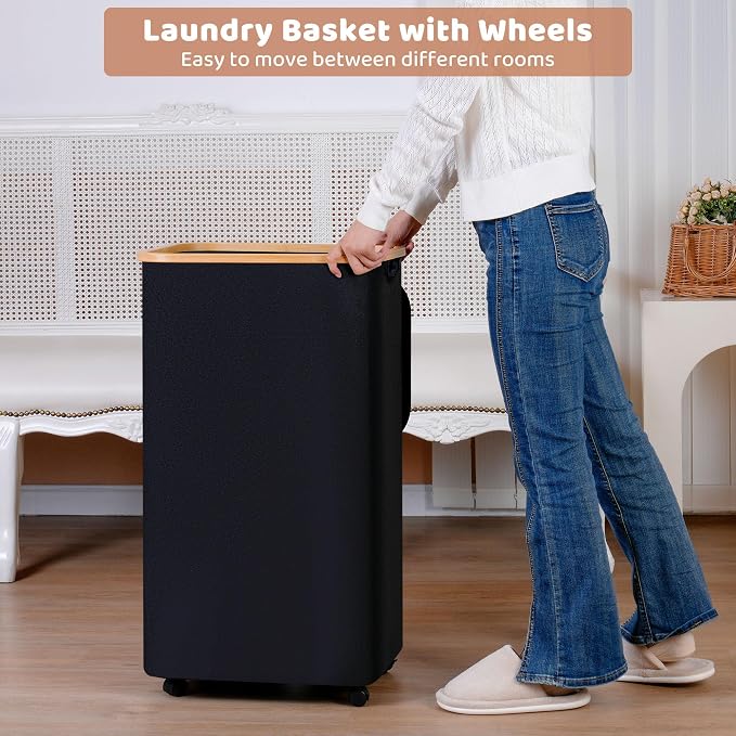Laundry Basket with Wheels, 110L Black Clothes Hamper for Laundry, Laundry Hamper with Lid and Inner Bag, for Laundry Room, Bedroom, Dormitory Storage,Black