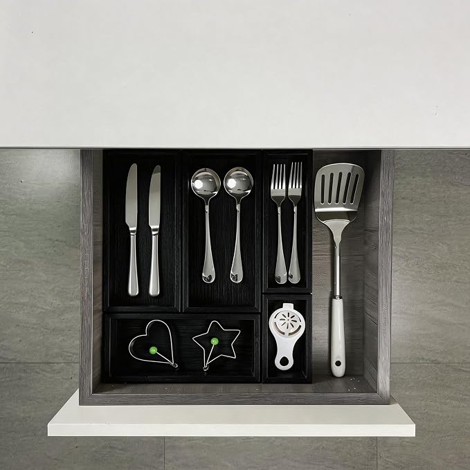 bamboo drawer organizer Set,expandable drawer dividers,wooden storage organizers,drawer organizers for kitchen, bathroom,flatware,Tea Bag Organizer (1 X 5PCS Black)