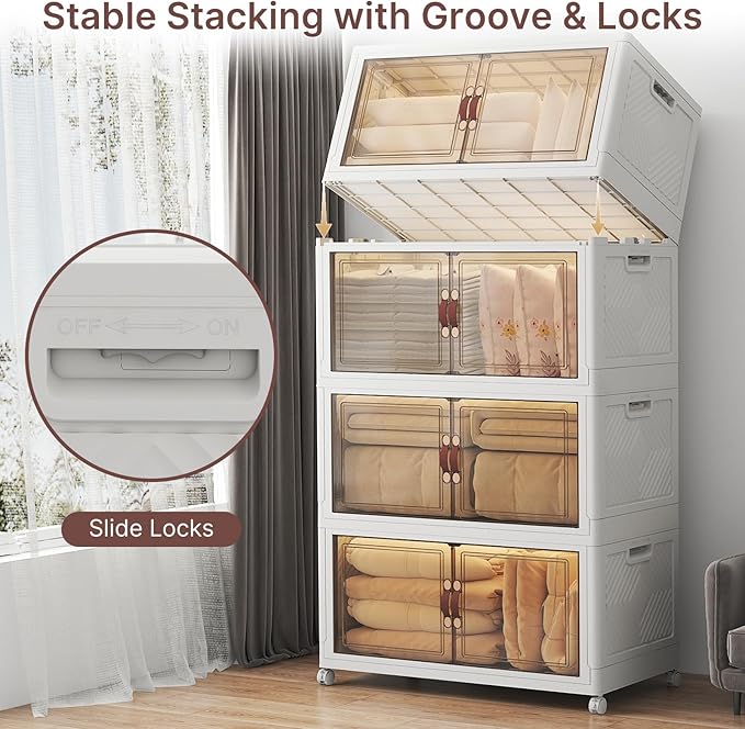 720QT Stackable Storage Bins with Lids, Storage Cabinet with Wheels | Lockable Storage Bins with Clear Doors Heavy Duty Closet Organizer Extra Large Collapsible Plastic Storage Box for Dorm Home