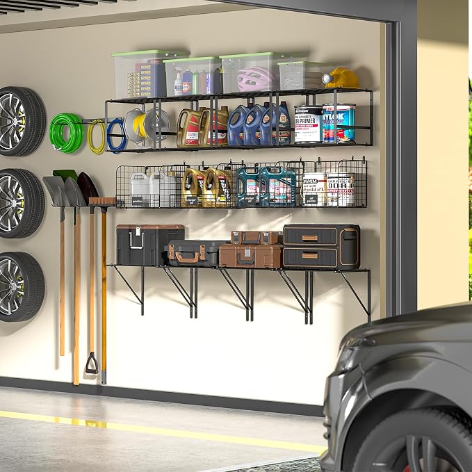ThreeHio Garage Shelf Wall Mounted with Wire baskets, Heavy Duty Garage Wall Shelving with Garden Tool Rack and Hooks, Wire Shelf Baskets Tool Organizer for Home Garden Yard Organization and Storage
