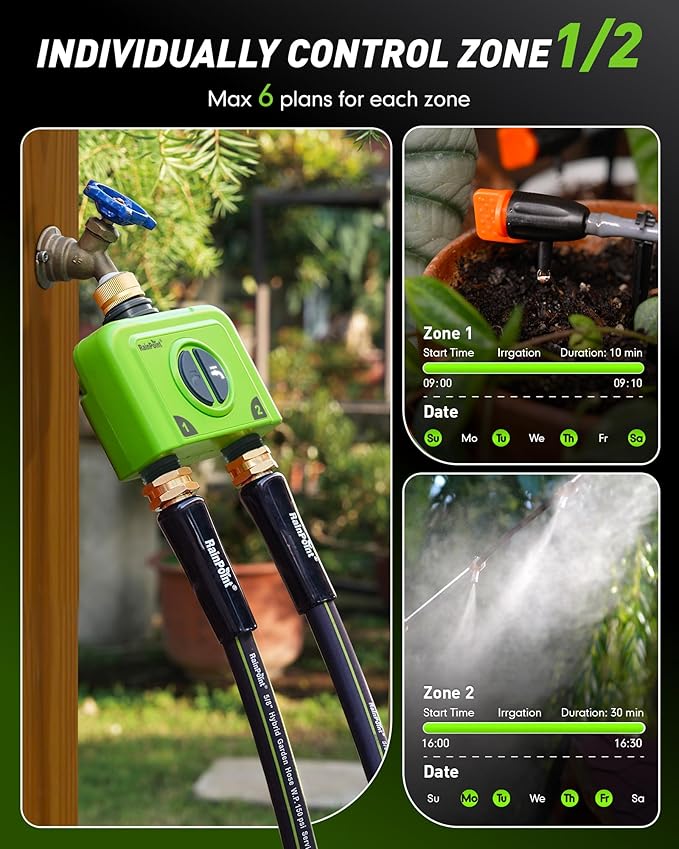 RAINPOINT WiFi Water Timer for Garden Hose, 2 Zone WiFi Sprinkler Controller, Smart Hose Timer Valve, Automatic Drip Irrigation System/Rain Delay for Garden (Brass Inlet, WiFi & Ethernet Connection)