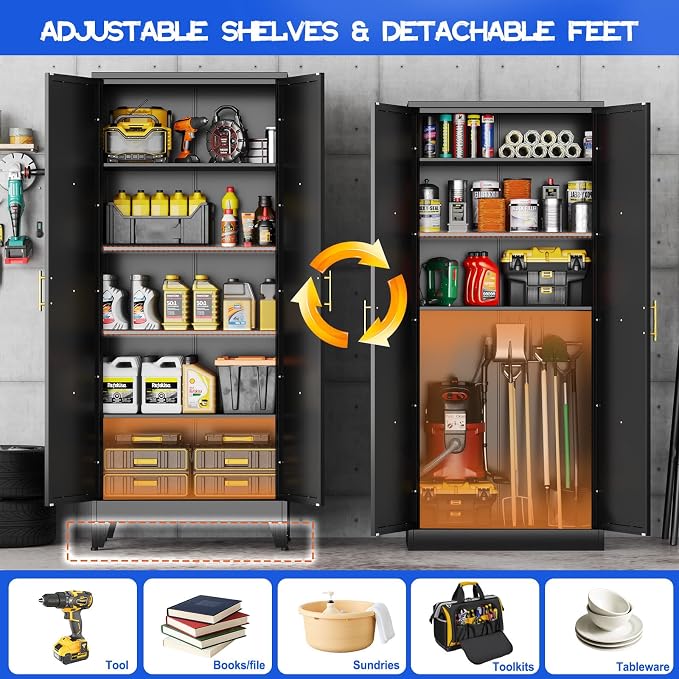 GAIOUS 71" Tall Kitchen Pantry Cabinet,Metal Storage Cabinet Black Cupboard | Steel Office Cabinet, Freestanding Bookcase with 2 Doors and 4 Adjustable Shelves, Bathroom Kitchen Home Garage Tool Cabinet