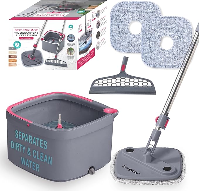 True & Tidy Square Spin Mop & Bucket System w/Extra Squeegee Head