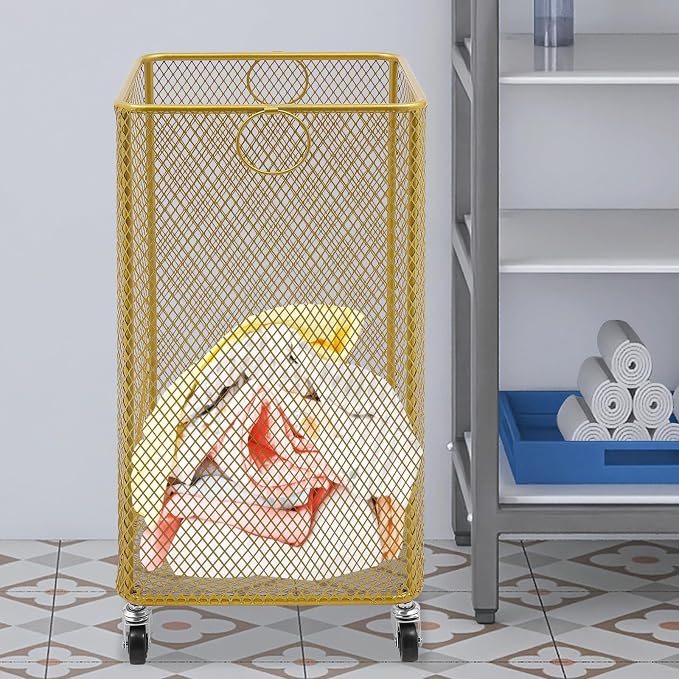Laundry Hamper with Wheels, Rolling Laundry Basket Cart, Square Metal Mesh Clothes Storage Organizer Hamper with Metal Pull Handle for Laundry Room and Bedroom(Gold, 11.8" x 11.8" x 21.7")