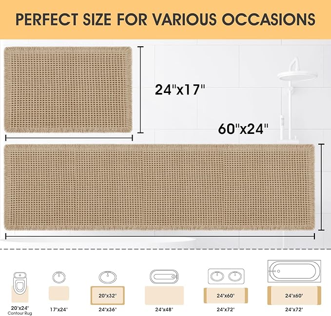IM HOME Waffle Bath Mat Set 2 Piece Beige,Woven Modern Bath Rug Mats, Absorbent Non Slip Bath Floor Mat, Soft Washable Boho Bath Rugs with Tassels for Bathroom, Bedroom, Kitchen,Tub