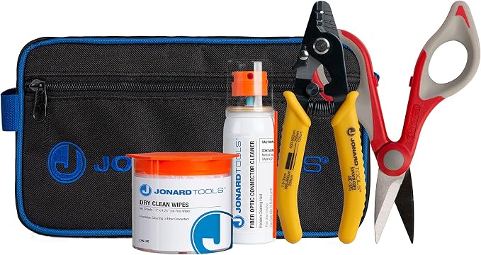 Jonard Tools TK-283 Fiber Cleaning Kit with Kevlar Cutting Shears, 3 Hole Fiber Stripper, Cleaning Fluid, Dry Wipes, and Carrying Case