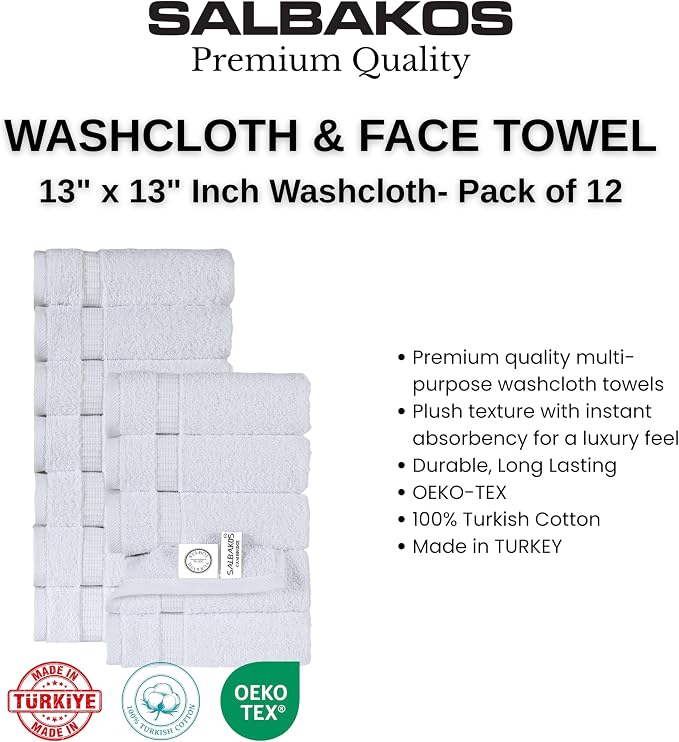 SALBAKOS 12-Piece 100% Turkish Cotton Washcloths and Face Towels, White | 13x13 in Standard Size Small Towel, Multi-use Bathroom & Kitchen, Thick Super Soft Absorbent Durable, Oeko-Tex Made in Turkey