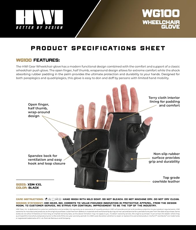 HWI Gear WG100 Wheelchair Fingerless Gloves, Performance Active Mobility, Sports, Breathable, Dexterity, Unisex