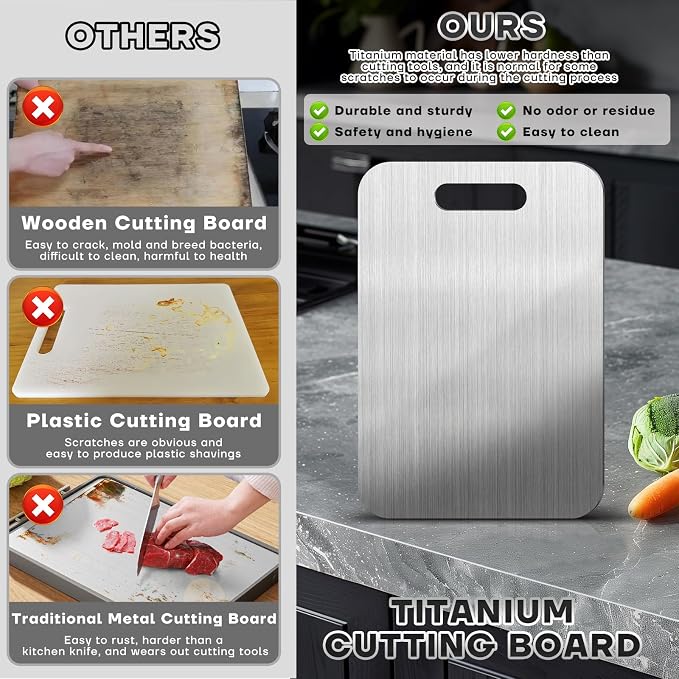 Katori Titanium Cutting Boards for Kitchen-100% Pure Titanium Cutting Board set Double Sided Non Toxic Titanware Chopping Board,Dishwasher Safe Metal Cutting Boards FathersDay Gifts(2PC-S+L)