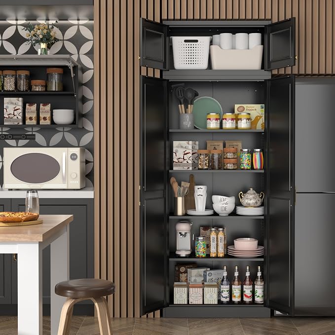 Steeloong 86"Metal Pantry Storage Cabinet with Doors & 4 Adjustable Shelves | Kitchen Pantry Cabinet,Black Kitchen Cabinet with 4 Gold Handles,Tall Cabinet for Livingroom,Pantry, Bathroom,Kitchen,Garage