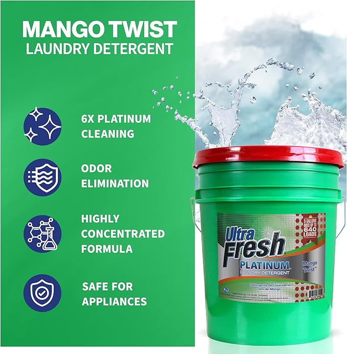 Ultra Fresh Liquid Laundry Detergent Washing Soap, 3X Platinum, 5 Gal, Mango Twist - Concentrated Stain Remover and Odor Eliminator for HE and All Machine Types, Clothes, and Fabrics
