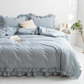 mixinni Blue White Gingham Ruffle Duvet Cover Twin Size 3 Pieces – 100% Washed Cotton, Vintage Plaid Ruffled Bedding Set with Zipper Ties, Soft Checkered Grid Farmhouse Chic Comforter Cover Set