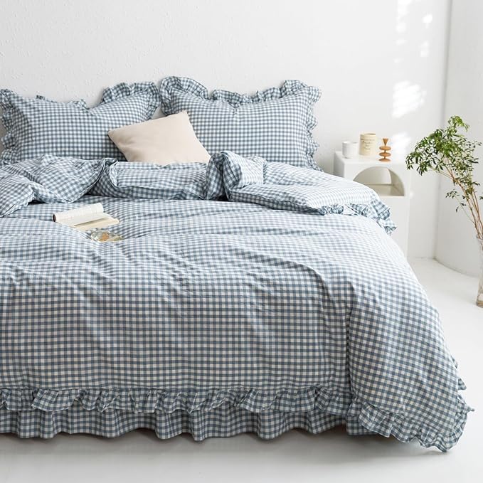 mixinni Blue White Gingham Ruffle Duvet Cover Twin XL Size 3 Pieces – 100% Washed Cotton, Vintage Plaid Ruffled Bedding Set with Zipper Ties, Soft Checkered Grid Farmhouse Chic Comforter Cover Set
