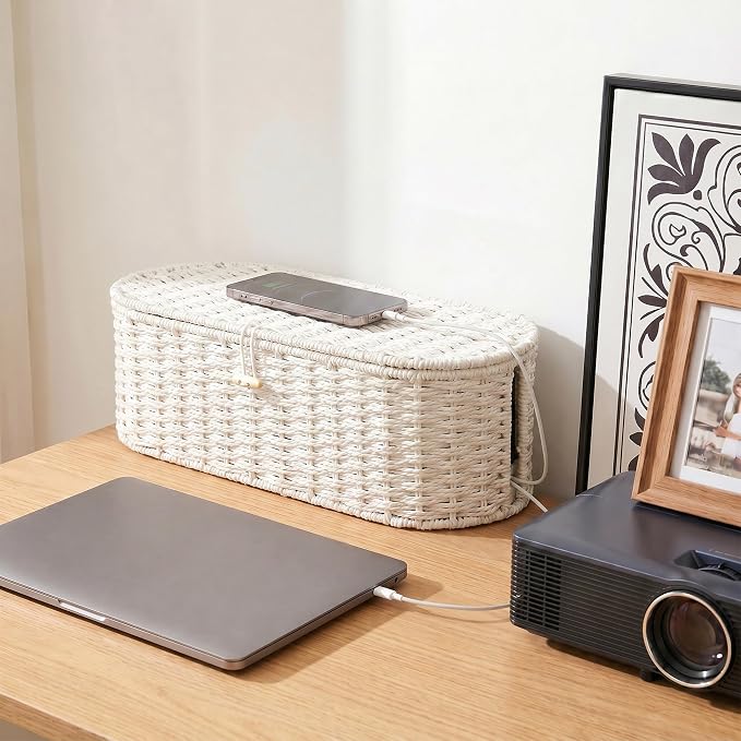 Set of 2 Cable Management Box, Handwoven Paper Rope Cord Hider Organizer Boxes with 3 Side Open Slots, Cable Organizer Box to Hide Cords Power Strip, USB Hub, TV Wires for Home, Office,Cream