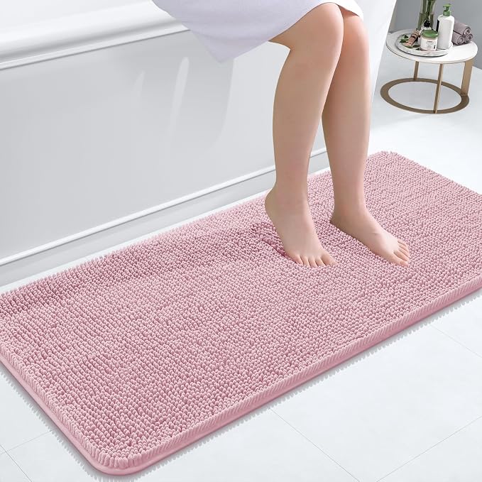 OLANLY Bathroom Runner Rugs 47x20, Soft Absorbent Chenille Bath Rugs, Rubber Backing Quick Dry, Machine Washable Long Bath Mats for Bathroom Floor, Tub and Shower, Home Decor Accessories, Dusty Rose