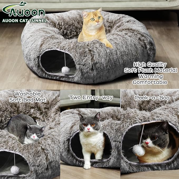 AUOON Plush Cat Tunnel Bed for Indoor Cats, 36" L x 36" W x 11.5" H, Brown | 2 in-1 Interactive Cat Toy, with Hanging Ball Toy, Machine Washable Center Pad, for Kitten Puppy Rabbit Ferret