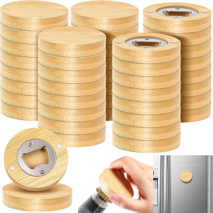Vesici 50 Pcs Magnetic Bottle Opener 2.5in DIY Bamboo Round Shape Beer Openers Wooden Fridge Magnet Refrigerator Sticker Gift for Beer Lover Wedding Guest Kitchens Bars Parties