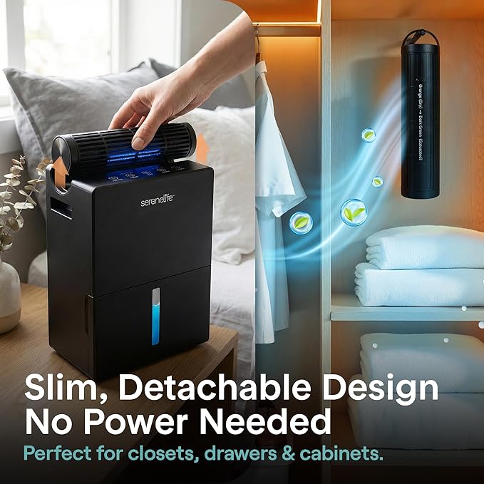 SereneLife 91 OZ Dehumidifier For Home | Covers 1200 SQ FT For Basements, Bedrooms, Bathrooms & Offices | Includes Removable Natural Dehumidifier For Closet | Set Timer, Sleep Mode & Humidity | Black