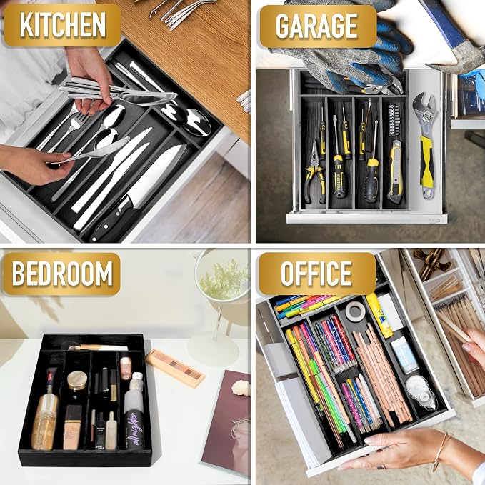 Besilord Bamboo Silverware Holder - Drawer Organizer with 5 Slots (Black)