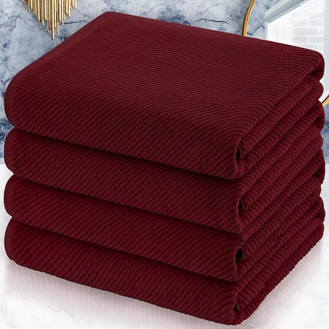 VOOVA & MOVAS Bath Towels 4PC, 100% Cotton, 30x56 in, Burgundy Red | Quick Dry, Thick, Soft, Absorbent, Bathroom Decor Set, Ideal For Home, Guest Bathroom, Spa