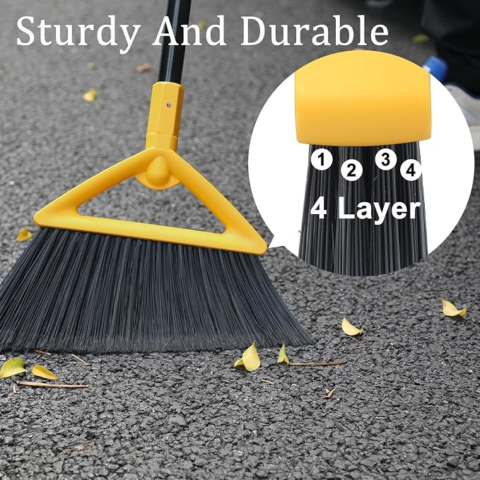 Heavy Duty Angle Broom 4 Pack - Yellow Broom for Outdoor & Indoor, Garage, Driveway, Sidewalk, Kitchen & More, Long Handle