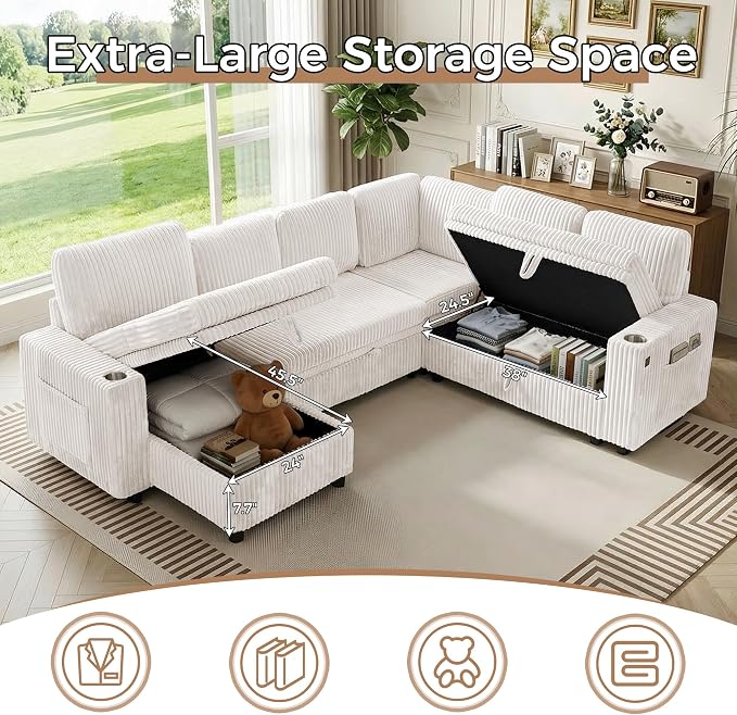 106 in L Shaped Modular Sectional Sofa Couch for Living Room, Beige | Pull Out Sleeper Bed, 7 Seat Modular Design, Hidden Storage Space, USB Charging, Cup Holders, Soft Corduroy, Easy Assembly