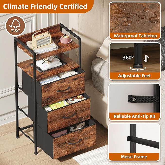 Somdot Nightstand with 3 Drawers, Dresser with Fabric Bins for Bedroom, Hallway, Entryway, Night Stand Bedside Table Furniture, Sturdy Steel Frame, Wooden Top, Easy Pull Fabric Bins, Wood Grain Print