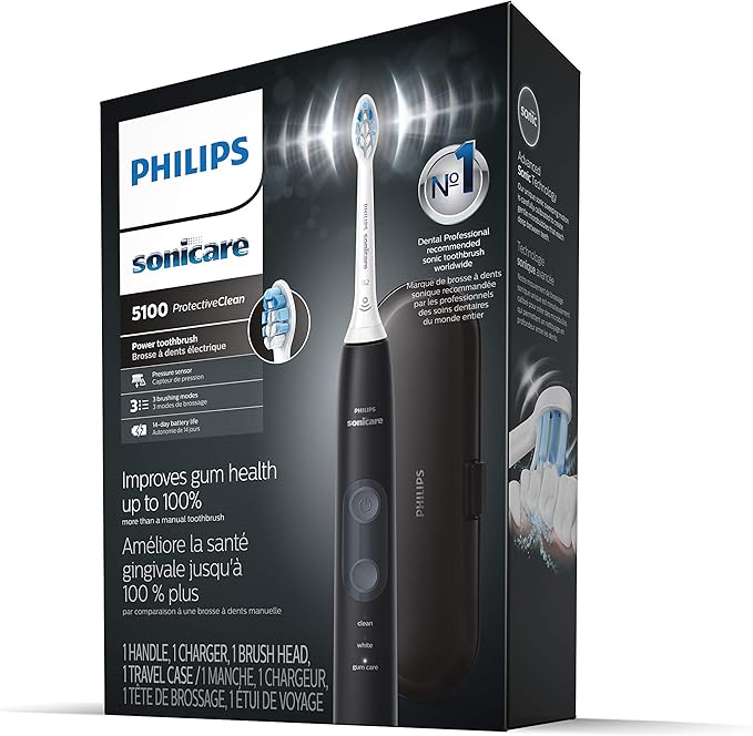Philips Sonicare ProtectiveClean 5100 Rechargeable Electric Toothbrush, with Pressure Sensor, 3 Cleaning Modes, SmarTimer and QuadPacer, 14-Day Battery Life, Travel Case, Black, Model HX6850/60