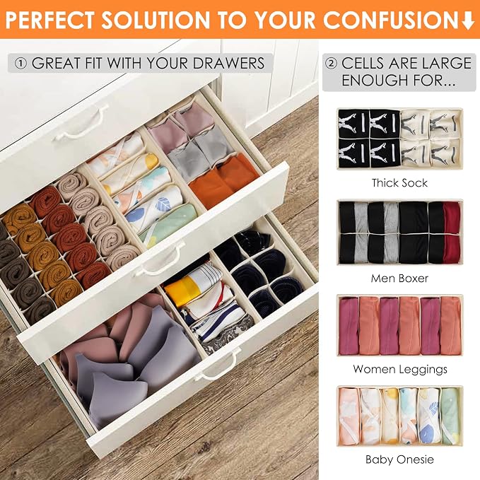 Criusia 6 Pack Sock Underwear Drawer Organizer Dividers, 58 Cell Foldable Fabric Dresser Closet Organizers and Storage Bins for Clothing, Baby Clothes, Bra, Panty, Scarf, Ties (Beige)