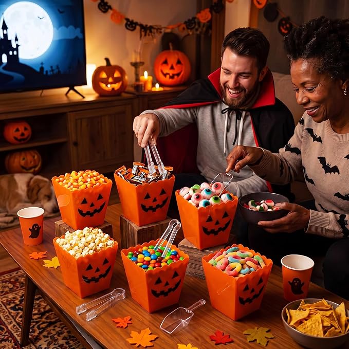 61 oz 6 Halloween Candy Bar Containers with 3 Tongs and 3 Scoops | Candy Bar Supplies, Reusable Plastic Spooky Pumpkin Serving Bowl, Candy Buffet Station Party Supplies, Dessert Snack Box