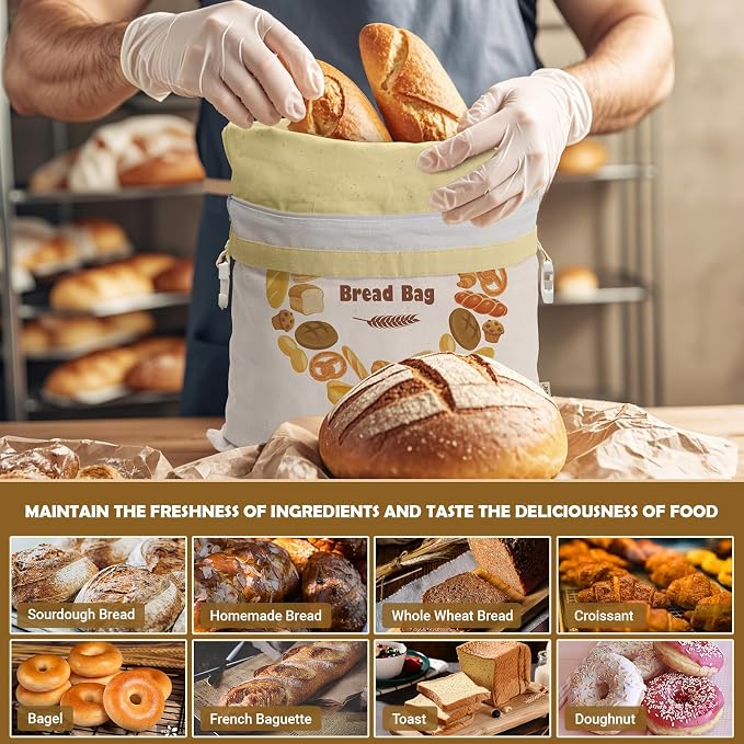 Large Linen Beeswax Bread Bags(2 Pack) Sourdough Bread Bags Reusable Double-Lock Freezer Baking Container Gift Giving for Homemade,Loaf,Sourdough,Food Storage (Bread Wreath Print)