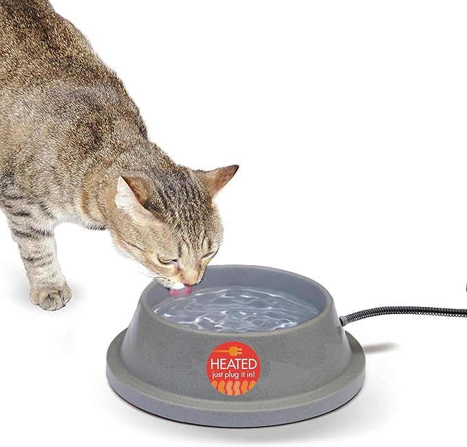K&H Heated Water Bowl, Thermal-Bowl for Cats & Dogs, Safety Listed 12W | Outdoor Water Stays Unfrozen In Winter. Outdoor Heated Dog Dish for Pets, Automatic No Freeze, Anti Chew Cord, 32 Ounces Gray