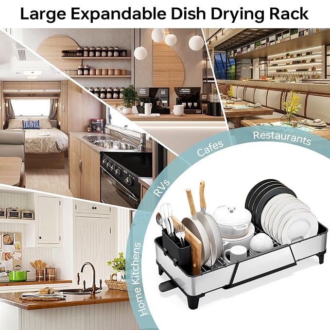 Urackify Large Expandable Dish Drying Rack for Kitchen Counter, Black | Triple Extendable 16.5"-24.2", Stainless Steel Anti-Rust Dish Drainers with Cutlery & Cup Holders for RV, Appartment,