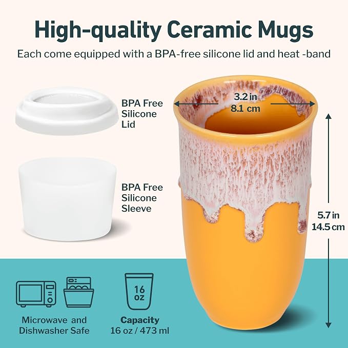 NOVA CERAMICS Ceramic Tumbler– Ceramic Travel Mug With Lid – Microwave & Dishwasher Safe Coffee White & Orange Tumbler - Gifts For Women Men Him Her – 16oz – Grapefruit