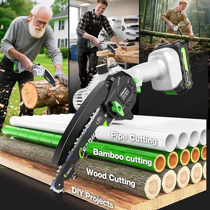 CEEPUY Mini Chainsaw, 6 Inch Portable Electric Chainsaw with 2 Batterys/Automatic Oiler/Security Lock/Powered Small Handheld Saw for Trees Branches Trimming
