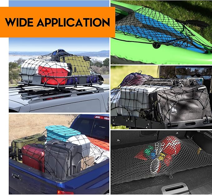 6' x 5' Heavy Duty Bungee Cargo Net Stretches to 12' x 10' -Latex Truck Bed Mesh with 12Pcs Free Adjustable Hooks for The Secure Carrying on Roof Luggage Rack,Cargo Carrier and Pickup Truck Bed