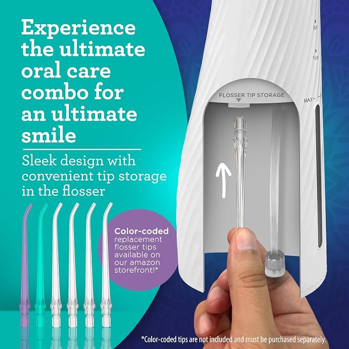 GuruNanda Lion & Lamb Kit 2.0, Electric Toothbrush with Water Flosser Combo, 4 Jet Tips, 4 Brush Heads, & IPX7 Waterproof Design for Complete Oral Care, White