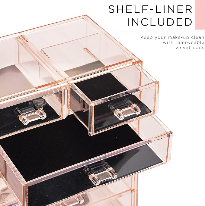 Sorbus Acrylic Makeup Organizer Set, 6-Drawer Vanity & Countertop Cosmetic Storage with Small & Wide Compartments, Pink Makeup Storage for Brushes, Jewelry – Holiday Gift for Women & Teens
