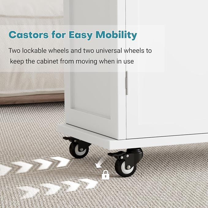 Rolling Ironing Board with Storage Cabinet, Small Ironing Table with Wheels | Ironing Board Cabinet with Fixed Heat-Resistant Pad, Ironing Table with Storage Shelves for Small Space, Laundry, Craft Room