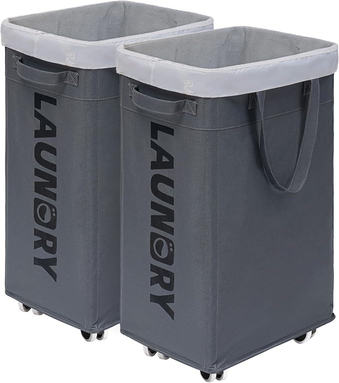 CHICVITA Hamper with Wheels 2-Pack, 75L Large Laundry Baskets with Removable Wash Bags, Foldable Laundry Baskets with Slim Design for Corner Dorms, Rolling Laundry Hamper on Wheels, Grey