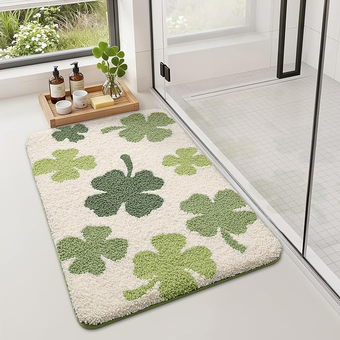 LUMI Bath mats for Bathroom, 16"x24" Non Slip Absorbent Soft Bath Mat, Washable Low Profile Bathroom Rug, Ideal for Shower, Tub, Clover