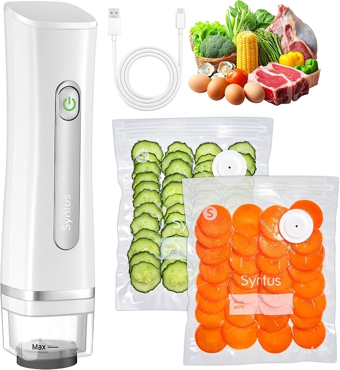 Syntus Compact Vacuum Sealer for Food with 30 Reusable Vacuum Seal Bags Set | 60kPa Suction Power, USB-C Charging Cable, Liquid-lock Tank, Upgraded Air Valve, Handheld Vacuum Pump