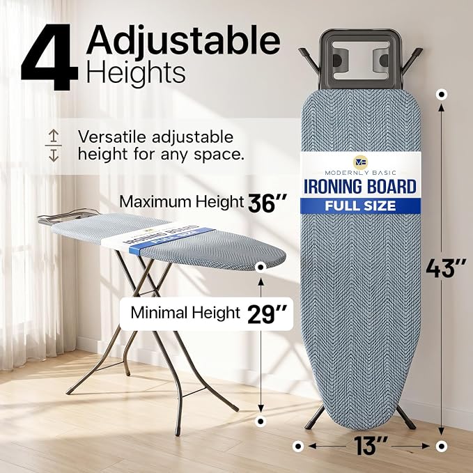 Ironing Board Full Size, Heavy Duty Height Adjustable Iron Rest, Cover Pad